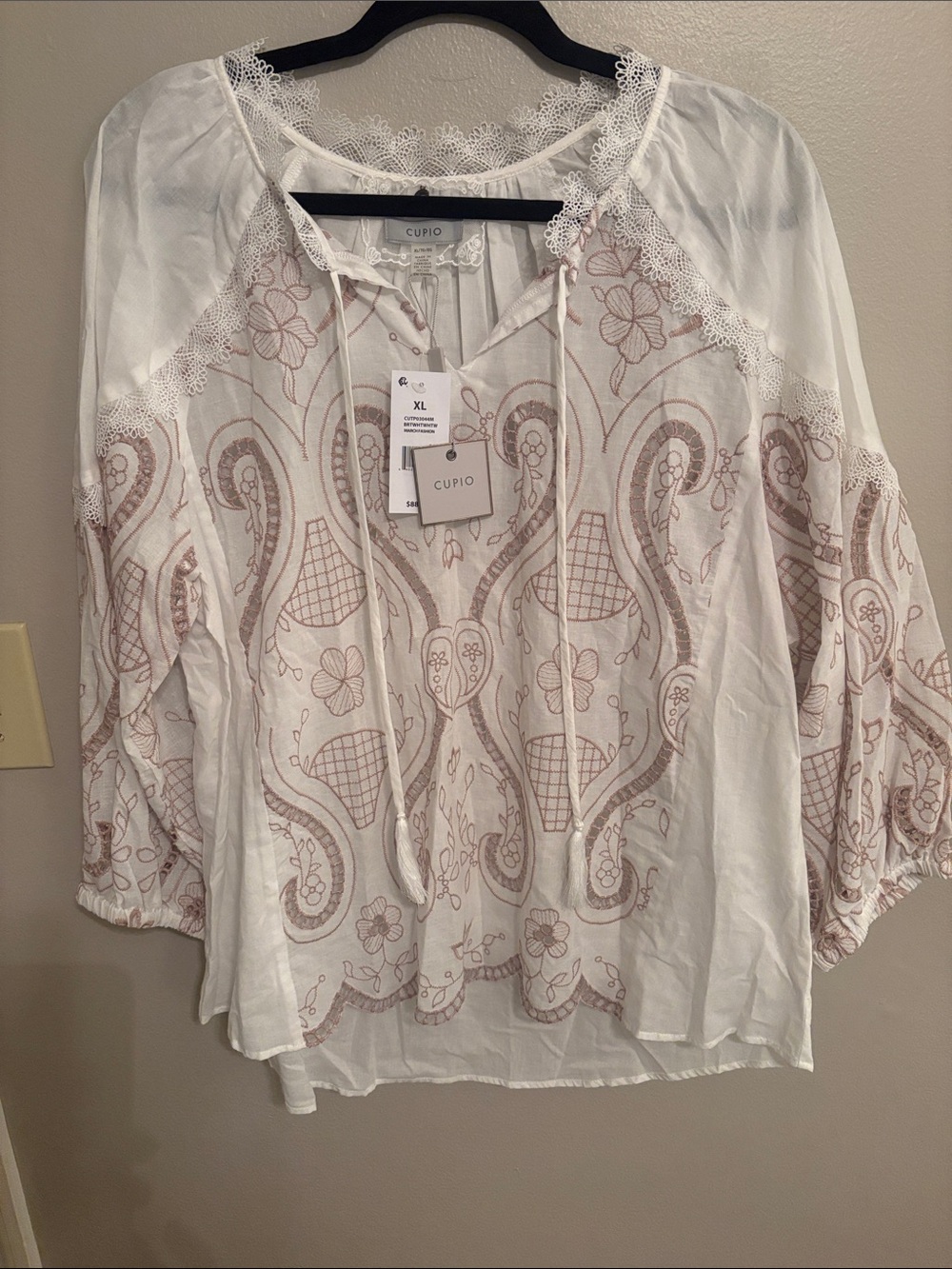 Cupio White Tunic Top with Blush Embroidery